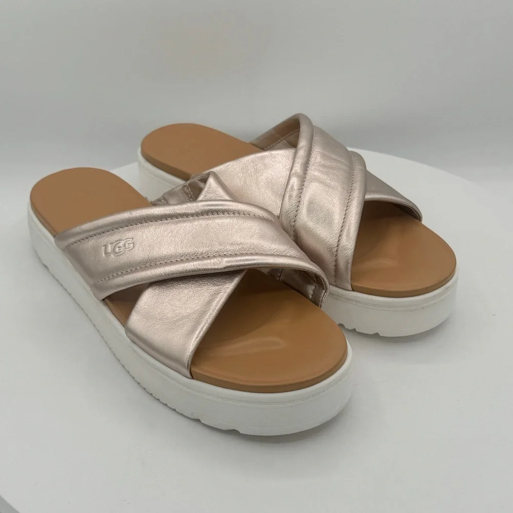 UGG Zayne Gold Crossband Slide On‎ Leather Women Sandals Size 9.5
